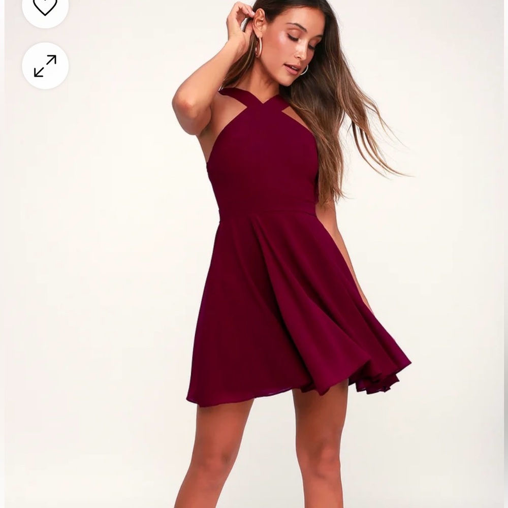 Lulus Forevermore Burgundy Maroon Red Skater Dress Mini Halter Neckline,  Small